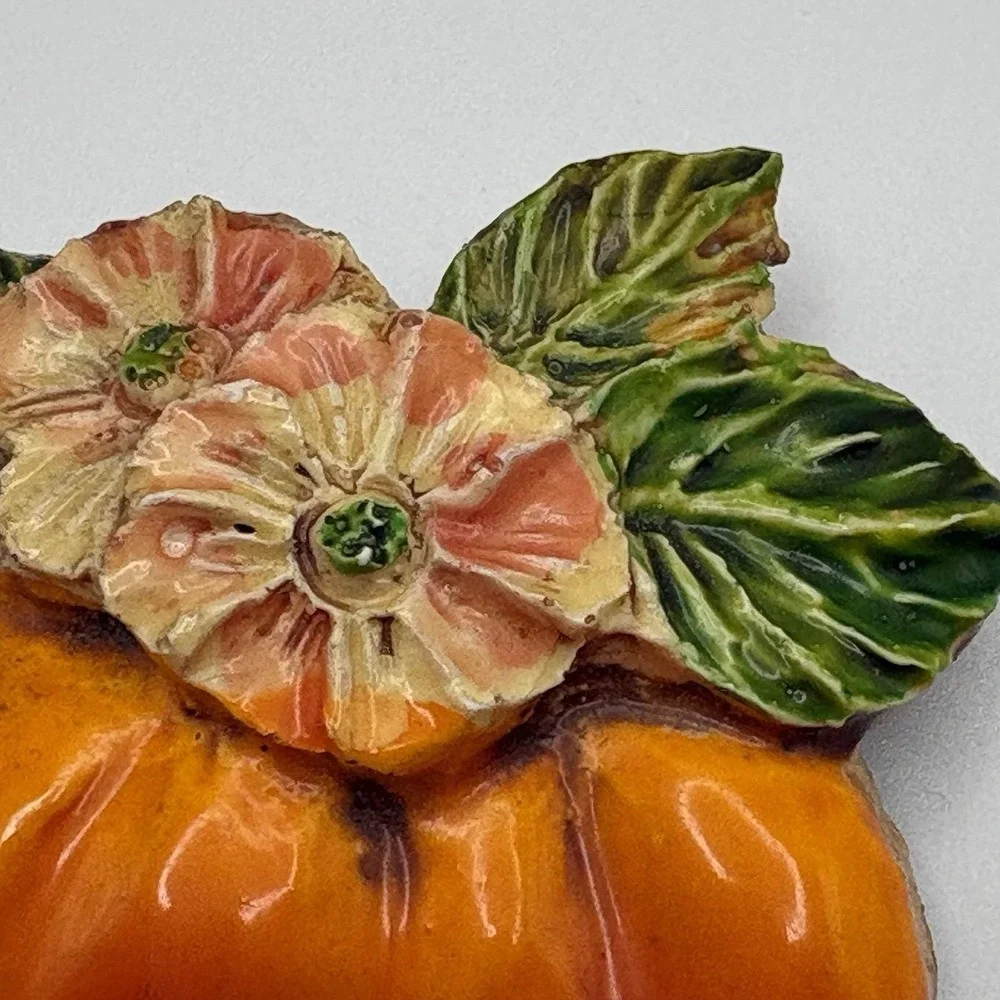 Vintage West Germany Brooch Peaches Fruit Hand Painted Orange Flowers READ